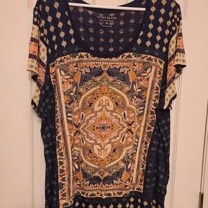 Lucky Brand Women's Short Sleeve Top - Navy and Orange Pattern